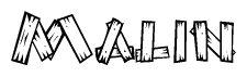 The image contains the name Malin written in a decorative, stylized font with a hand-drawn appearance. The lines are made up of what appears to be planks of wood, which are nailed together