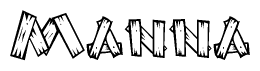 The image contains the name Manna written in a decorative, stylized font with a hand-drawn appearance. The lines are made up of what appears to be planks of wood, which are nailed together