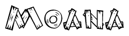 The image contains the name Moana written in a decorative, stylized font with a hand-drawn appearance. The lines are made up of what appears to be planks of wood, which are nailed together