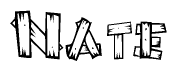 The image contains the name Nate written in a decorative, stylized font with a hand-drawn appearance. The lines are made up of what appears to be planks of wood, which are nailed together
