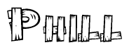 The clipart image shows the name Phill stylized to look as if it has been constructed out of wooden planks or logs. Each letter is designed to resemble pieces of wood.