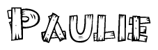 The clipart image shows the name Paulie stylized to look as if it has been constructed out of wooden planks or logs. Each letter is designed to resemble pieces of wood.