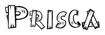 The image contains the name Prisca written in a decorative, stylized font with a hand-drawn appearance. The lines are made up of what appears to be planks of wood, which are nailed together