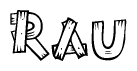 The image contains the name Rau written in a decorative, stylized font with a hand-drawn appearance. The lines are made up of what appears to be planks of wood, which are nailed together