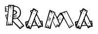 The clipart image shows the name Rama stylized to look as if it has been constructed out of wooden planks or logs. Each letter is designed to resemble pieces of wood.