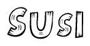 The image contains the name Susi written in a decorative, stylized font with a hand-drawn appearance. The lines are made up of what appears to be planks of wood, which are nailed together
