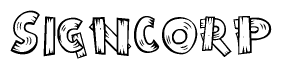 The clipart image shows the name Signcorp stylized to look like it is constructed out of separate wooden planks or boards, with each letter having wood grain and plank-like details.