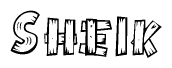 The image contains the name Sheik written in a decorative, stylized font with a hand-drawn appearance. The lines are made up of what appears to be planks of wood, which are nailed together