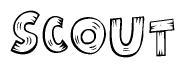 The image contains the name Scout written in a decorative, stylized font with a hand-drawn appearance. The lines are made up of what appears to be planks of wood, which are nailed together
