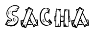The image contains the name Sacha written in a decorative, stylized font with a hand-drawn appearance. The lines are made up of what appears to be planks of wood, which are nailed together