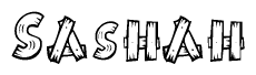The image contains the name Sashah written in a decorative, stylized font with a hand-drawn appearance. The lines are made up of what appears to be planks of wood, which are nailed together