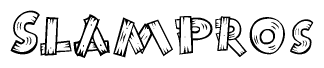 The image contains the name Slampros written in a decorative, stylized font with a hand-drawn appearance. The lines are made up of what appears to be planks of wood, which are nailed together
