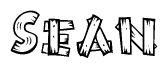 The image contains the name Sean written in a decorative, stylized font with a hand-drawn appearance. The lines are made up of what appears to be planks of wood, which are nailed together