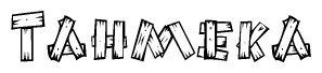 The image contains the name Tahmeka written in a decorative, stylized font with a hand-drawn appearance. The lines are made up of what appears to be planks of wood, which are nailed together