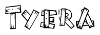 The image contains the name Tyera written in a decorative, stylized font with a hand-drawn appearance. The lines are made up of what appears to be planks of wood, which are nailed together