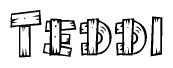 The image contains the name Teddi written in a decorative, stylized font with a hand-drawn appearance. The lines are made up of what appears to be planks of wood, which are nailed together