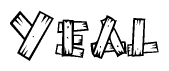 The image contains the name Yeal written in a decorative, stylized font with a hand-drawn appearance. The lines are made up of what appears to be planks of wood, which are nailed together