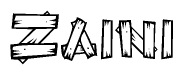 The image contains the name Zaini written in a decorative, stylized font with a hand-drawn appearance. The lines are made up of what appears to be planks of wood, which are nailed together