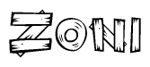 The clipart image shows the name Zoni stylized to look like it is constructed out of separate wooden planks or boards, with each letter having wood grain and plank-like details.