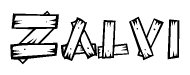 The image contains the name Zalvi written in a decorative, stylized font with a hand-drawn appearance. The lines are made up of what appears to be planks of wood, which are nailed together