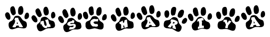 The image shows a row of animal paw prints, each containing a letter. The letters spell out the word Auschariya within the paw prints.