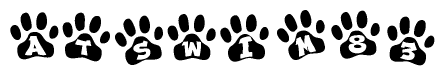 The image shows a series of animal paw prints arranged in a horizontal line. Each paw print contains a letter, and together they spell out the word Atswim83.