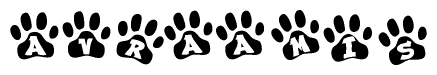 The image shows a series of animal paw prints arranged in a horizontal line. Each paw print contains a letter, and together they spell out the word Avraamis.
