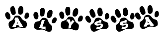 The image shows a series of animal paw prints arranged in a horizontal line. Each paw print contains a letter, and together they spell out the word Alyssa.