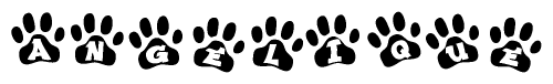 The image shows a series of animal paw prints arranged horizontally. Within each paw print, there's a letter; together they spell Angelique