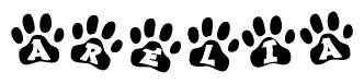 The image shows a series of animal paw prints arranged in a horizontal line. Each paw print contains a letter, and together they spell out the word Arelia.