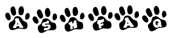 The image shows a series of animal paw prints arranged in a horizontal line. Each paw print contains a letter, and together they spell out the word Ashfaq.