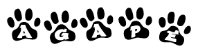The image shows a row of animal paw prints, each containing a letter. The letters spell out the word Agape within the paw prints.