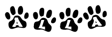The image shows a series of animal paw prints arranged in a horizontal line. Each paw print contains a letter, and together they spell out the word Alla.