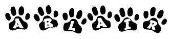 The image shows a series of animal paw prints arranged horizontally. Within each paw print, there's a letter; together they spell Ablair