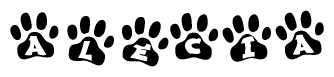 The image shows a series of animal paw prints arranged in a horizontal line. Each paw print contains a letter, and together they spell out the word Alecia.