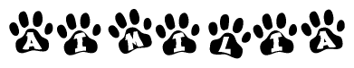 The image shows a row of animal paw prints, each containing a letter. The letters spell out the word Aimilia within the paw prints.