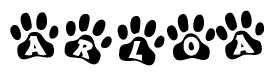 The image shows a series of animal paw prints arranged horizontally. Within each paw print, there's a letter; together they spell Arloa