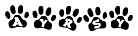 The image shows a row of animal paw prints, each containing a letter. The letters spell out the word Ayrsy within the paw prints.