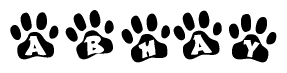 The image shows a series of animal paw prints arranged horizontally. Within each paw print, there's a letter; together they spell Abhay