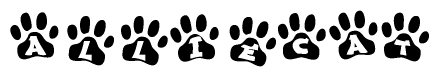 The image shows a series of animal paw prints arranged in a horizontal line. Each paw print contains a letter, and together they spell out the word Alliecat.