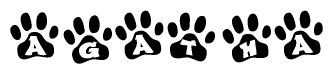 The image shows a series of animal paw prints arranged horizontally. Within each paw print, there's a letter; together they spell Agatha