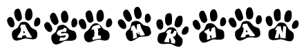 The image shows a series of animal paw prints arranged in a horizontal line. Each paw print contains a letter, and together they spell out the word Asimkhan.