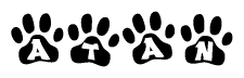 The image shows a row of animal paw prints, each containing a letter. The letters spell out the word Atan within the paw prints.