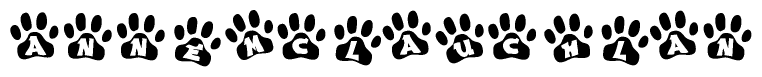 The image shows a series of animal paw prints arranged in a horizontal line. Each paw print contains a letter, and together they spell out the word Annemclauchlan.