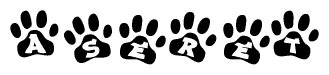 The image shows a series of animal paw prints arranged horizontally. Within each paw print, there's a letter; together they spell Aseret