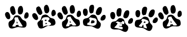 The image shows a series of animal paw prints arranged in a horizontal line. Each paw print contains a letter, and together they spell out the word Abadera.