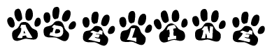 The image shows a row of animal paw prints, each containing a letter. The letters spell out the word Adeline within the paw prints.