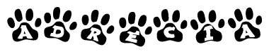 The image shows a series of animal paw prints arranged horizontally. Within each paw print, there's a letter; together they spell Adrecia