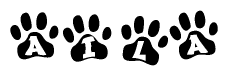 The image shows a series of animal paw prints arranged in a horizontal line. Each paw print contains a letter, and together they spell out the word Aila.