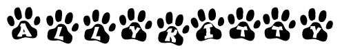 The image shows a row of animal paw prints, each containing a letter. The letters spell out the word Allykitty within the paw prints.